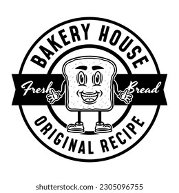 Caricatura de caricatura sonriente de la lona de pan con emblema monocromático de las manos y piernas, insignia, etiqueta o logotipo para casa de panadería aislada en fondo blanco