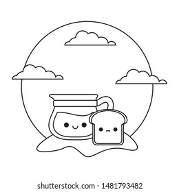 bread slice and teapot kawaii style