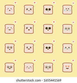 Bread Slice Toast Cartoon Mascot character funny cartoon with emotions on the kawaii face. Flat design Vector Illustration