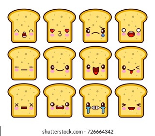 Bread Slice Toast Cartoon Mascot character funny cartoon set with different emotions on the kawaii face. Flat design Vector Illustration