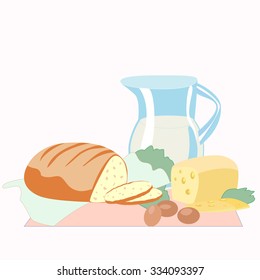 Bread and sliced cheese, a pitcher of milk, eggs and greens.