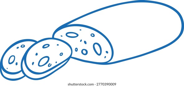Bread with slices blue line art icon. Tasty bakery pastry. Loaf of wheat bread. Baked food baguette. Vector outline illustration isolated. Fresh ruddy toast, sandwich ingredient. Mediterranean menu
