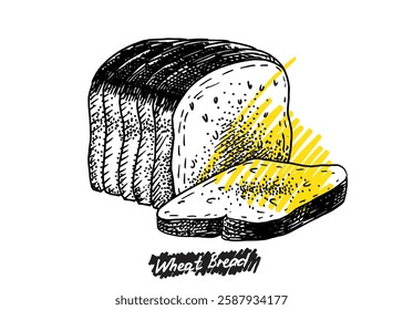 Bread slices illustration. Bakery engraved collection of elements for menu design, fliers and banners.