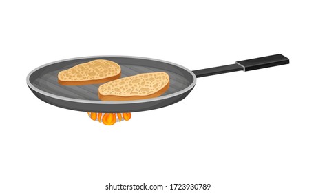 Bread Slices on Frying Pan as Toast for Bruschetta Preparation Vector Illustration