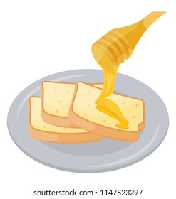 
Bread slices in plate and honey wand dripping ober slices
