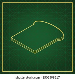 Bread slices sign. Golden icon with gold contour at dark green gridded white background. Illustration.