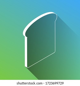 Signo de rodajas de pan. Icono blanco con una sombra sin límites en gris sobre fondo verde a azul.  Ilustración.