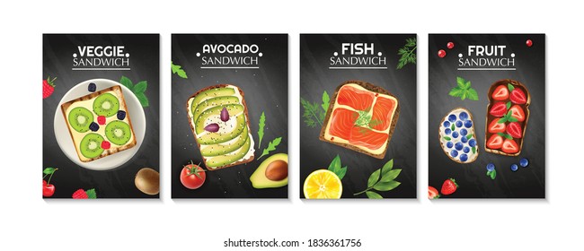 Bread slices with vegetables fish avocado and berries served on wooden table realistic poster set isolated vector illustration