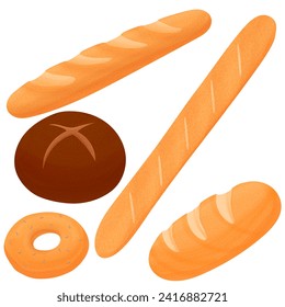 Bread sorts and bakery elements set. Vector sketch of rye bread, ciabatta, wheat bread, muffin, bun, bagel, sliced bread, french baguette, croissant, pretzel