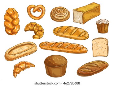 Bread sorts and bakery elements set. Vector pencil sketch of rye bread, ciabatta, wheat bread, muffin, bun, bagel, sliced bread, french baguette, croissant, pretzel