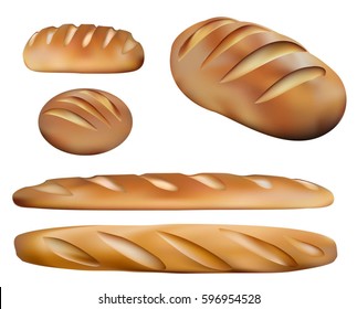 Bread sorts and bakery products. Five realistic bread. Illustration on white background. 