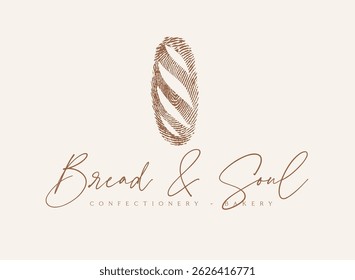 Bread and soul label fingerprint design with lettering confectionery bakery drawing on beige background