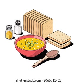 Bread, soup in a plate, spoon, spices and salt. Vector 3d sketch line isometric style, color icon illustration. Creative design idea and infographics elements.