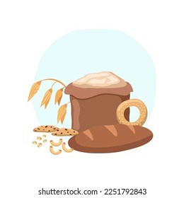 Bread as source of fiber, carbs, proteins, fats vector illustration. Bread with vitamins or micronutrients on white background. Food, nutrition, diet concept