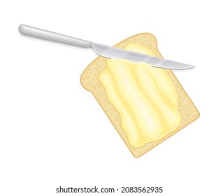 Bread with spread butter and knife. Natural dairy product on toast, top view vector illustration