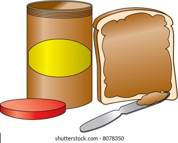 Bread with spread peanut butter along side a peanut butter jar