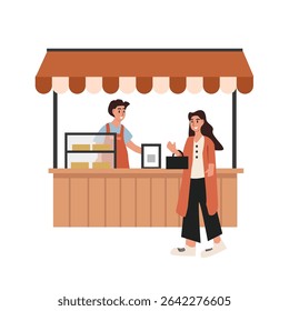 Bread stall. Bread stand. Bakery shop. Cake product. People buy bread. Food festival. Street food.