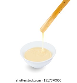 Bread stick dipped with condensed milk in cup on white background. vector illustration.