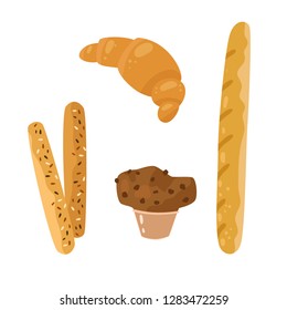 Bread sticks, baguette, muffin, croissant cartoon. Hand drawing vector illustration on background for poster, card, print, badge, packaging, menu bakery