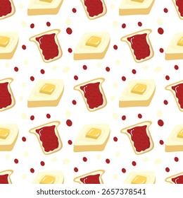 Pan con mermelada de fresa y mantequilla sobre un fondo blanco. Patrón inconsútil de la comida para la ropa, tela, Fondo de pantalla, telón de fondo, decoración casera, libro de la cubierta, y arte de la pared. 