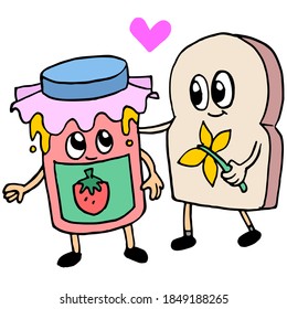 El pan y la mermelada de fresa son amigos en pareja. emoticono de mascota de ilustraciones de dibujos animados