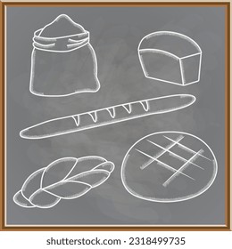 Pan al estilo de una pizarra.
Un icono de tiza blanca con pan y harina en la pizarra. Pan fresco. Productos de pastelería. Nutrición y terapia dietética. Ilustración vectorial aislada en una boa negra