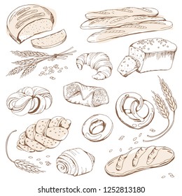 Bread and sweet pastry, baguette, loaf, buns, croissant, bread spike, illustration for bakery, cafe, confectionery, bread shop, hand-painted