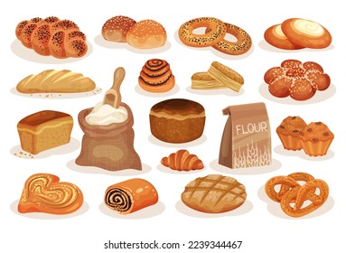 Bread and Sweet Wheat Pastry or Confectionery with Flour Sack Vector Set