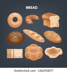 Bread symbol set. Fresh bakery for breakfast. Healthy food and natural nutrition. Isolated vector illustration in cartoon style
