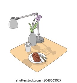 bread and takeaway coffee with lamp and bottle of plants on table iillustration vector isolated on white background
