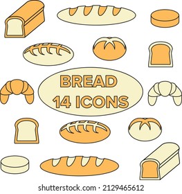 Bread thick lined icon set. Bakery collection. Fresh baking symbol in outlined style. Loaf bread, toast, baguette, bun, crossed bread flat icons design. Bread concept vector illustration