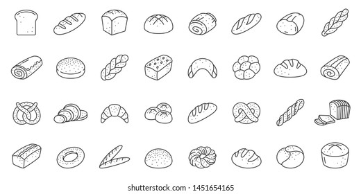 Набор иконок тонкой линии хлеба. Коллекция пекарни из простых контурных вывесок. Символ свежей выпечки в линейном стиле. Тост, багет, булочка контур плоских иконок дизайн. Изолированные на белом концептуальном векторе