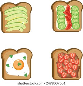 Bread toast of 4 kinds vector pack, avacado and  butter, cucumber and tomato  with ranch, fried egg and parsley , nutella strawberry and almond  