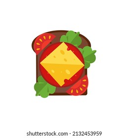 Bread, toast with cheese, bacon. Tomato, greens, sausage. Top view. Breakfast. Color vector drawing in a flat style. White background.