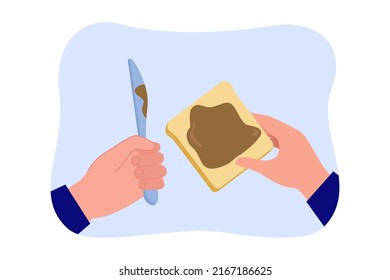 Bread toast with chocolate spread and knife in human hands. Man eating piece of bread with chocolate cream flat vector illustration. Food concept for banner, website design or landing web page