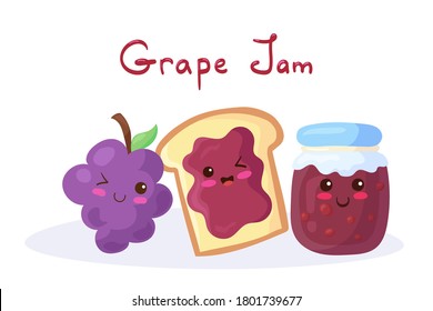 Bread Toast with Grape Jam, smiling funny Berry & Jar with lettering. Vector kawaii food illustration in cute cartoon style isolated on white background. Colorful dessert, breakfast, menu, print.