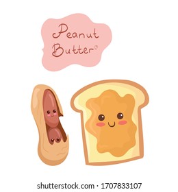 Bread toast with peanut butter, smiling funny nuts & lettering. Vector kawaii food illustration in cute cartoon style isolated on white background. Peanuts dessert for breakfast, menu, decoration.