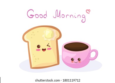 Bread Toast with a piece of Butter & smiling cute Cup of Coffee with lettering. Vector cartoon kawaii food illustration isolated on white background. Bright comic, breakfast, kids menu decoration.