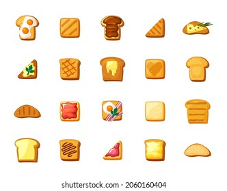 Bread toast and sandwiches set. Toasted snacks with scrambled eggs and butter light snack with cheese and green onions dessert with jam and chocolate spread. Delicious cartoon vector.
