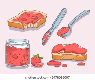 Brotrösten mit ausgespreizter Erdbeermarmelade, Messer und Löffel, Marmelade im Glas und Vollbeere. Cartoon-Vektorgrafik süß gebissenes quadratisches Sandwich mit hausgemachter Gelee-Konserve. Dessertjause zum Frühstück.