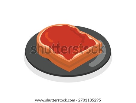 Bread toast with strawberry jam on a lid. Simple flat illustration in isometric view.