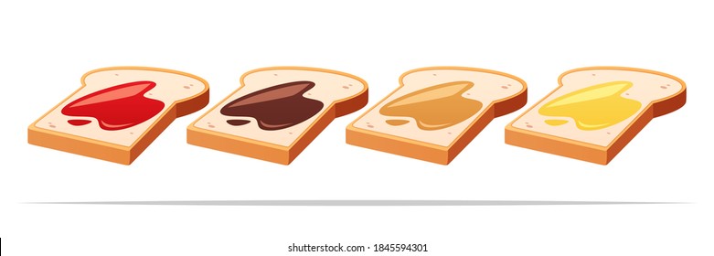 Bread toast with various jams vector isolated illustration
