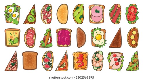 Brottoast, Vektorgrafik auf weißem Hintergrund. Einzeln Vektorfarbensymbole setzen Symbol Sandwich. Farbset Symbol Brot Toast.