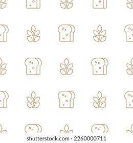 Bread toast and wheat line pattern. Seamless vector pattern with bread