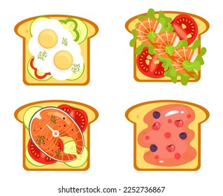 Bread toasted sandwiches with different ingredients isolated set. Healthy morning breakfast. Vector design graphic illustration