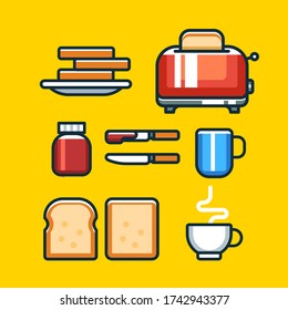 Bread Toaster. Breakfast. Cup, Coffe, Bread, Tea, Toaster, Jam. Icons Illustration