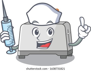 A bread toaster hospitable Nurse character with a syringe