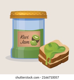 Bread toasts and kiwi jam. Tasty and sweet breakfast. Vector. Vector illustration