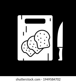 Bread toasts on cutting board dark mode glyph icon. Loaf pieces for cooking. Food preparation. Home cookery. Breakfast meal. White silhouette symbol on black space. Vector isolated illustration