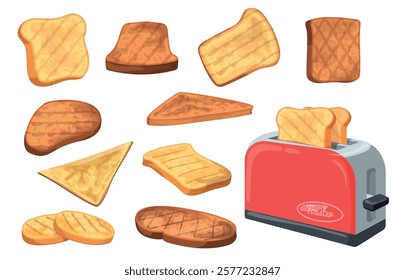 Bread toasts slices. Rye or wheat bread toast for sandwich french breakfast, loaf square toaster slice sandwiches pastry bakery products pieces cartoon set neat vector illustration original artwork